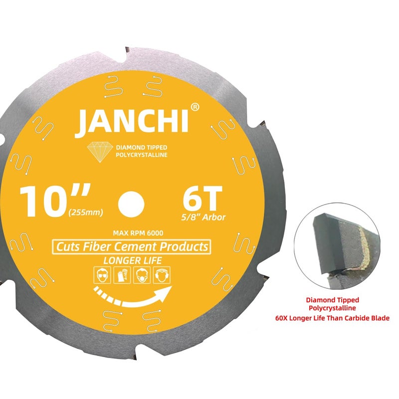 Jianchi 10-Inch 6T PCD Tip Hardie Fiber Cement Saw Blade with 5/8-Inch DMK Arbor, Polycrystalline Diamond Tipped Teeth Saw Blade for Laminate Flooring - Image 5